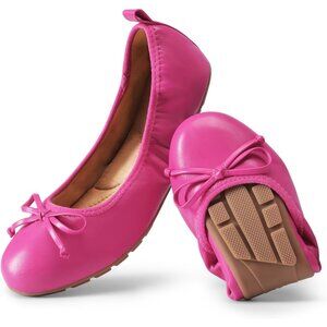 Women's Pink Flats Foldable Ballet Bowknot Round Toe Comfort Light Weight